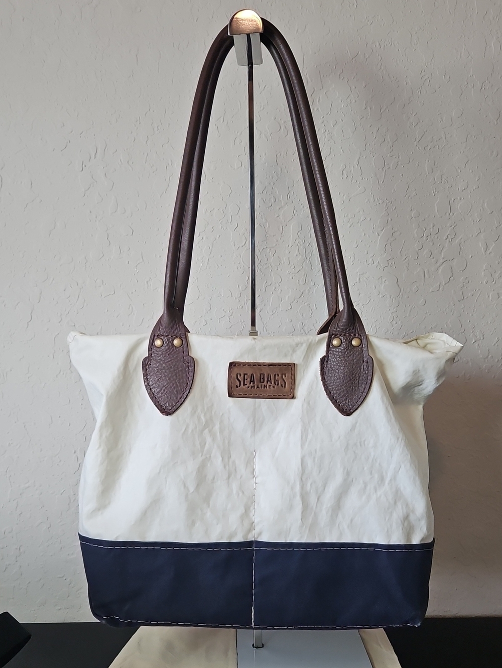 Sea Bags - Made In Maine Chebeague Handbag, Navy/White- Recycled Sail cloth